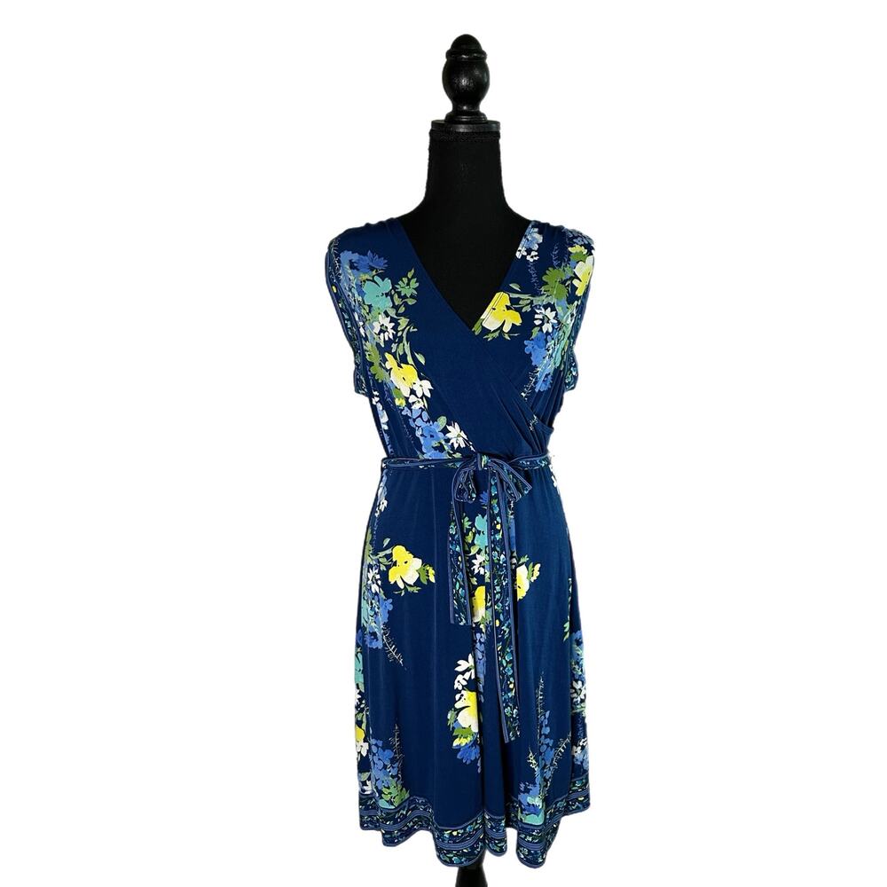 C22 APT. 9 Navy Blue Floral Sleeveless Dress with Cloth Belt, Large, Pre-owned